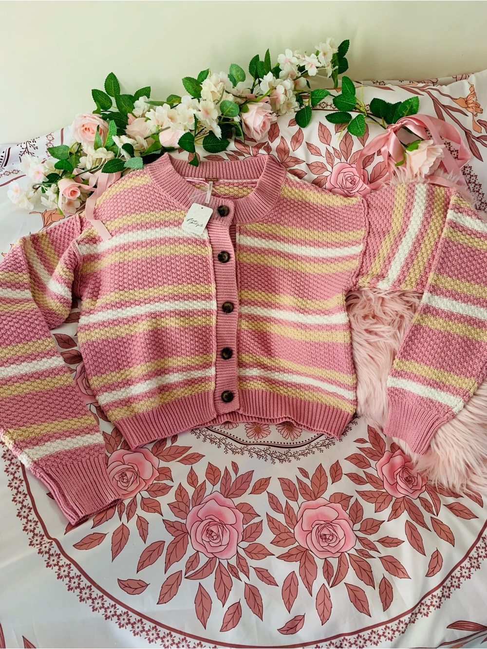 Free People Lila Stripe Cardigan Pink Combo NWT Size Large
